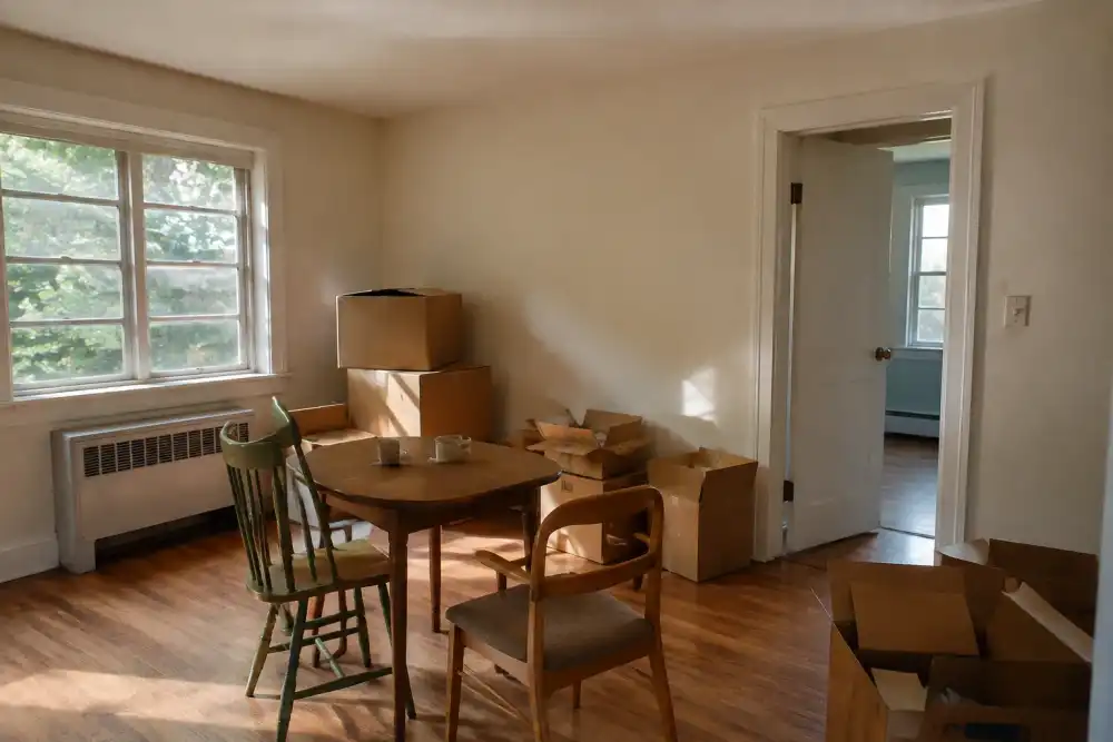 Illustrative scene: small vacant apartment with a compact dining table, mismatched chairs and moving boxes, open doorway, afternoon light, eye-level wide view