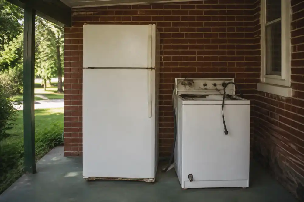 Illustrative scene: an old white refrigerator beside a disconnected washing machine on a covered utility porch, red brick wall, morning light