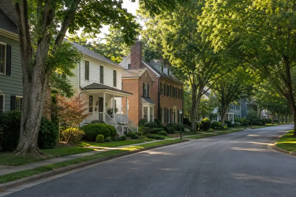 Illustrative scene: illustrative tree-lined Virginia neighborhood