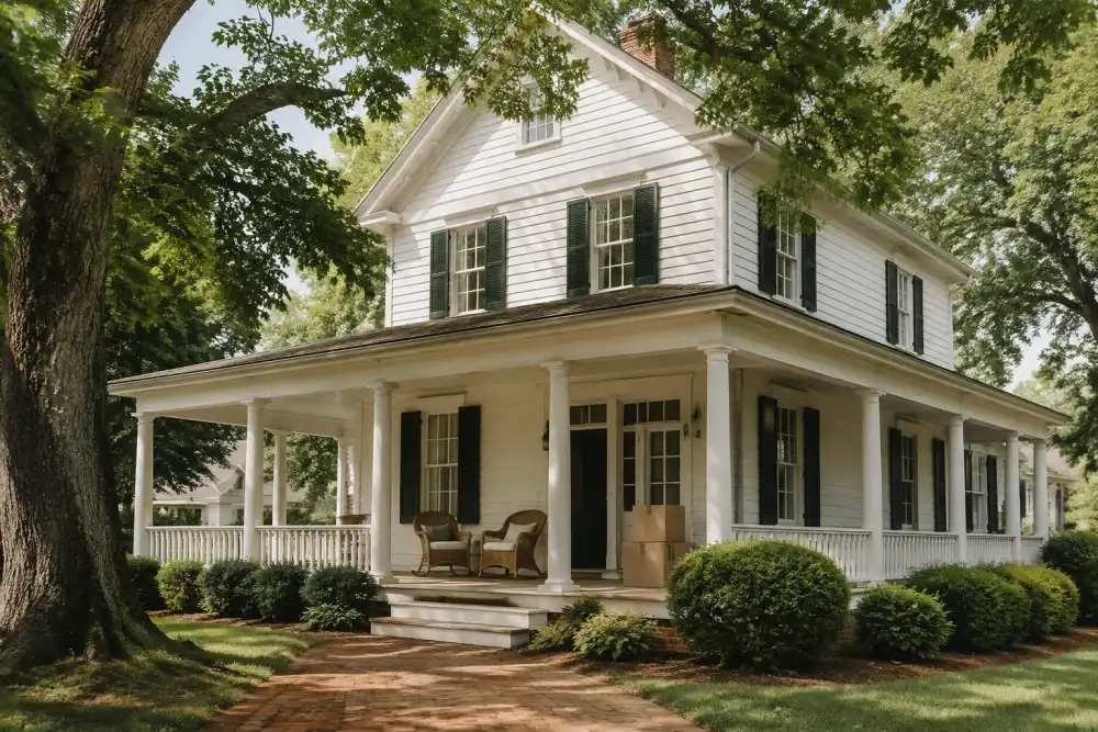 Illustrative scene: ashland-inspired historic white clapboard home with a welcoming wraparound porch, mature shade trees and brick footpath, wicker chairs and two boxes on porch