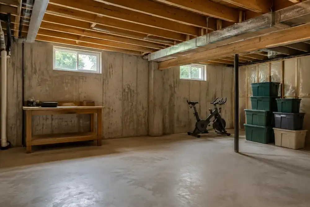 Illustrative scene: unfinished residential basement with a small wooden workbench, unused exercise bike and neat stack of storage totes, high windows, clean dry concrete floor