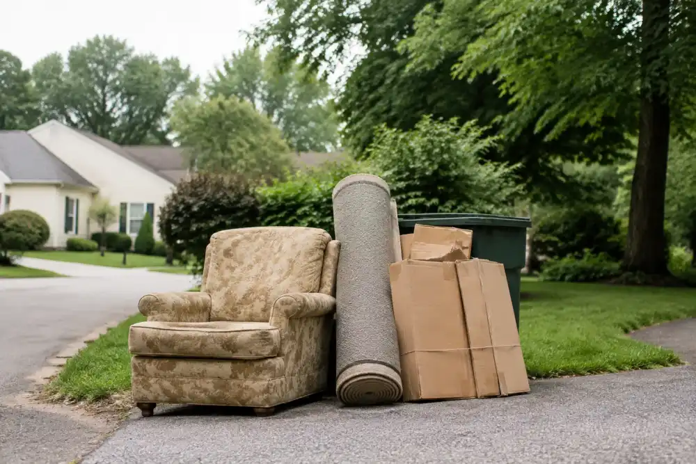 Illustrative scene: bulky household items gathered neatly at the edge of a suburban driveway: worn armchair, rolled rug and tied cardboard bundles, bright overcast day