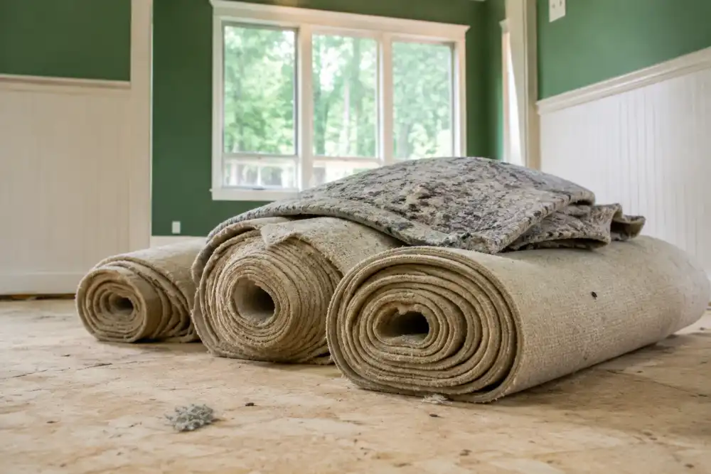 Illustrative scene: three rolls of old beige carpet and carpet padding resting on exposed subfloor in a room mid-renovation, low-angle view toward a bright window
