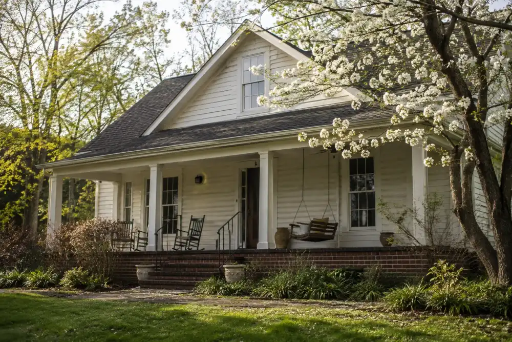Illustrative scene: chester-inspired small cream-sided cottage with a deep front porch, brick foundation and dogwood tree, an old porch swing and empty planters nearby