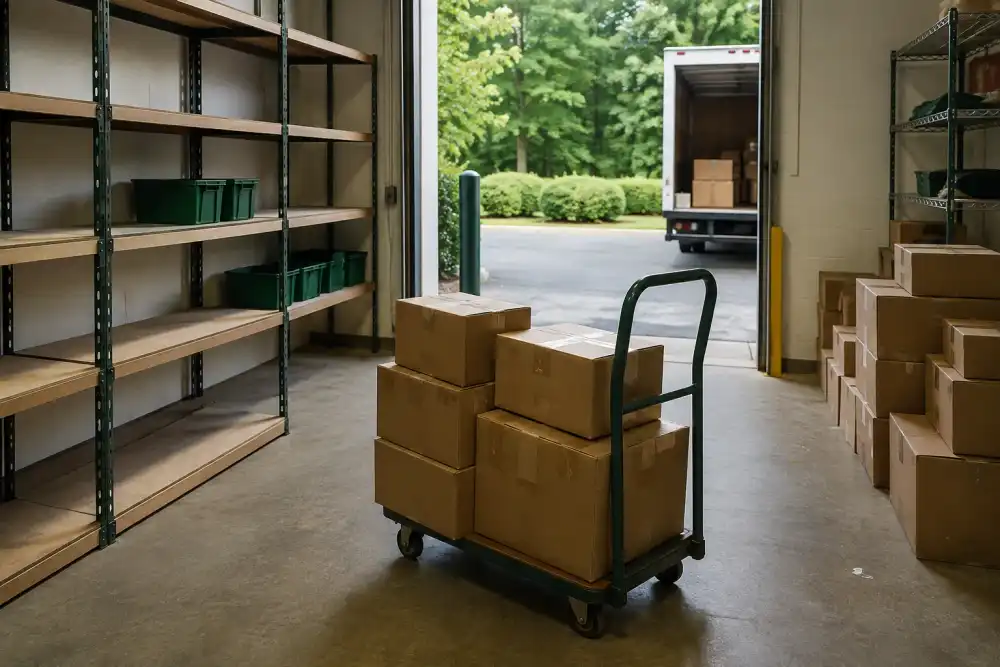 Illustrative scene: small commercial stockroom with empty shelving, stacked cartons and a rolling cart ready for clearance, rear loading doorway open, neutral daylight