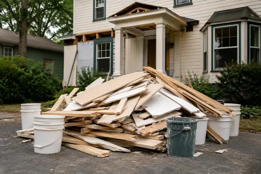Illustrative scene: renovation debris neatly contained on a driveway: cut lumber, drywall offcuts and empty buckets, modest house under repair behind, no workers