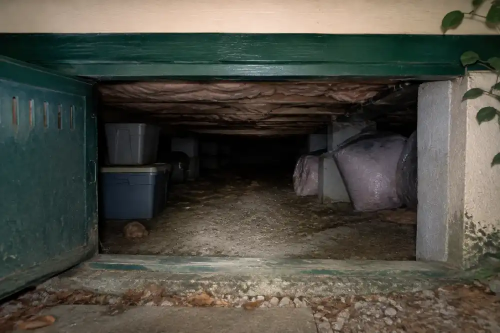 Illustrative scene: low accessible crawlspace entrance beneath a house, flashlight-like illumination revealing old plastic storage tubs and loose insulation bags, realistic confined geometry, no people