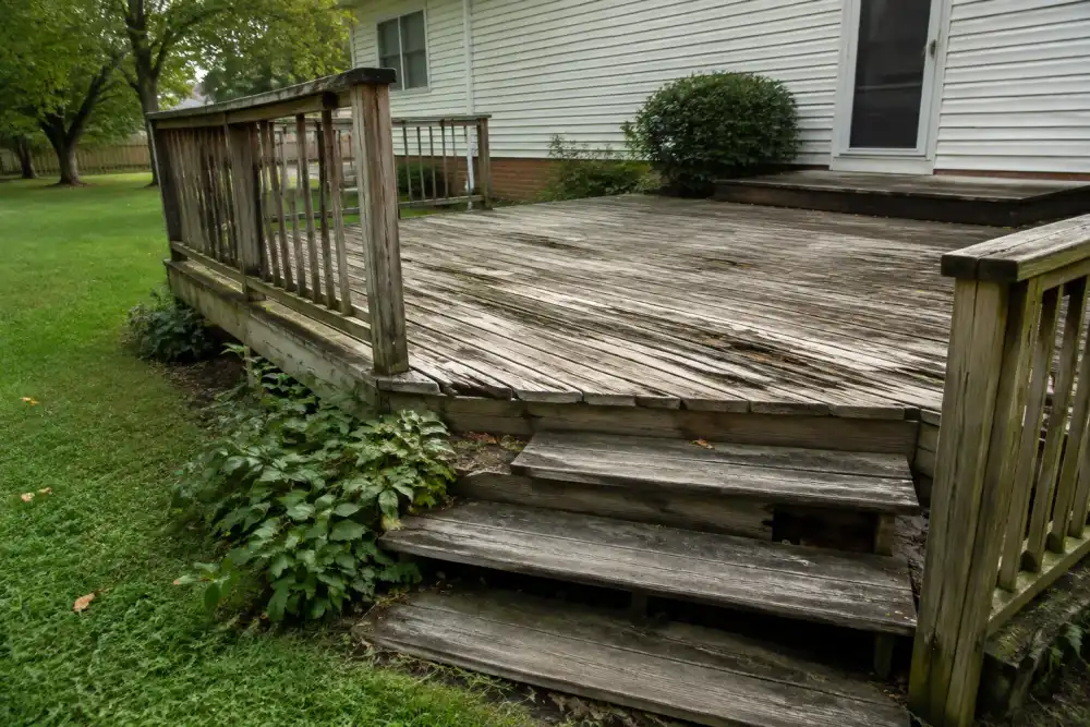 Illustrative scene: weathered low wooden backyard deck with damaged boards and faded steps, green lawn and simple vinyl-sided house, three-quarter angle in soft daylight