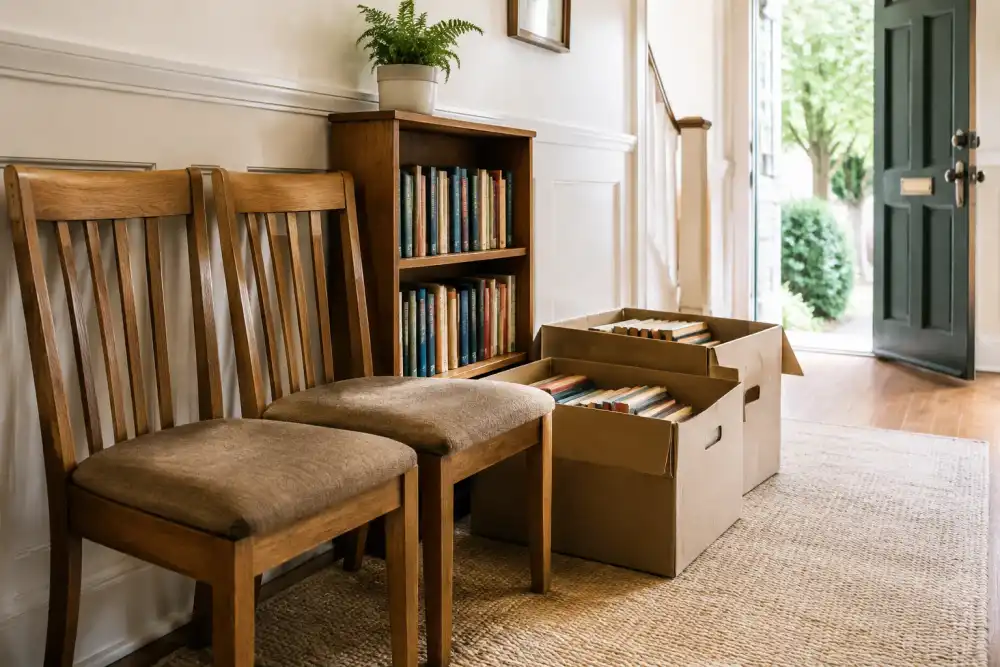 Illustrative scene: usable oak dining chairs, a small bookshelf and neatly packed open boxes of books ready for donation in a sunny front hallway