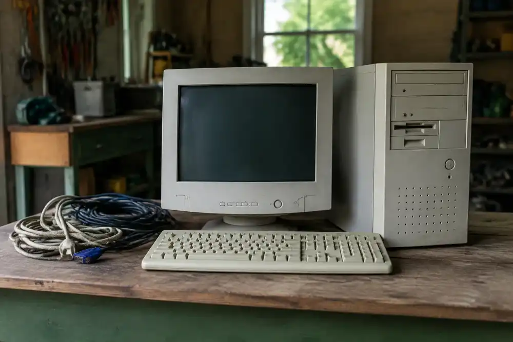 Illustrative scene: obsolete desktop computer tower, old monitor, keyboard and coiled cables on a workshop table, softly lit garage background, no legible brands