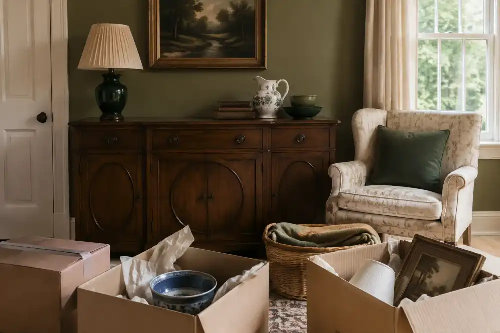 Illustrative scene: quiet older home living room with an antique wooden sideboard, upholstered chair and carefully packed boxes of household possessions, respectful calm afternoon atmosphere