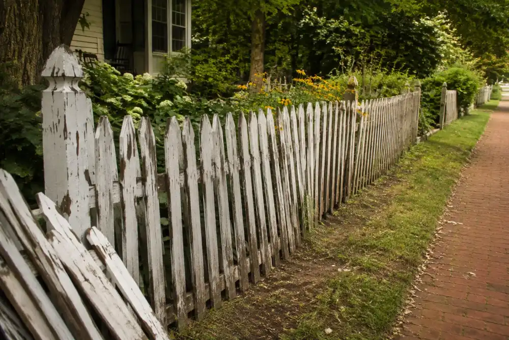 Illustrative scene: an aging leaning wooden picket fence alongside a garden, peeling paint, stacked removed fence boards at the near end, mature trees, no workers