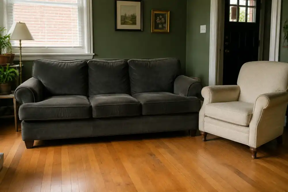 Illustrative scene: a sofa and armchair ready for furniture pickup
