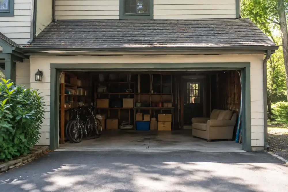 Illustrative scene: open two-car garage holding unused bikes, wooden shelving, cardboard boxes and a worn armchair, view from driveway in morning daylight