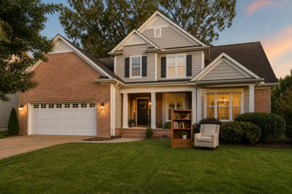 Illustrative scene: glen Allen-inspired contemporary brick-and-siding family house, attached garage and green front lawn, small bookcase and armchair ready for collection