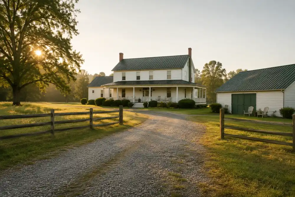 Illustrative scene: hanover-inspired rural white farmhouse with a long gravel approach, split-rail fencing and broad meadow, weathered outdoor furniture by detached garage