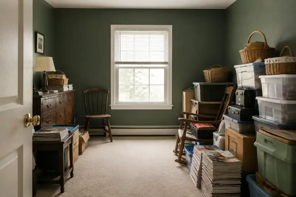 Illustrative scene: respectful non-sensational view of a cluttered spare room with stacks of magazines, storage tubs and unused small furniture, clear doorway, no people, no filth