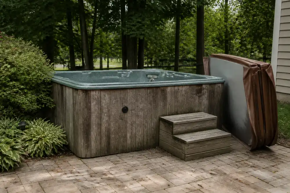 Illustrative scene: old disconnected outdoor hot tub with weathered timber surround on a backyard patio, folded cover leaning nearby, green garden background