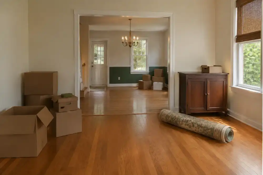 Illustrative scene: wide view through two rooms of a modest emptying house, several moving boxes, a small wooden cabinet and a rolled rug left to remove, oak floors and cream walls