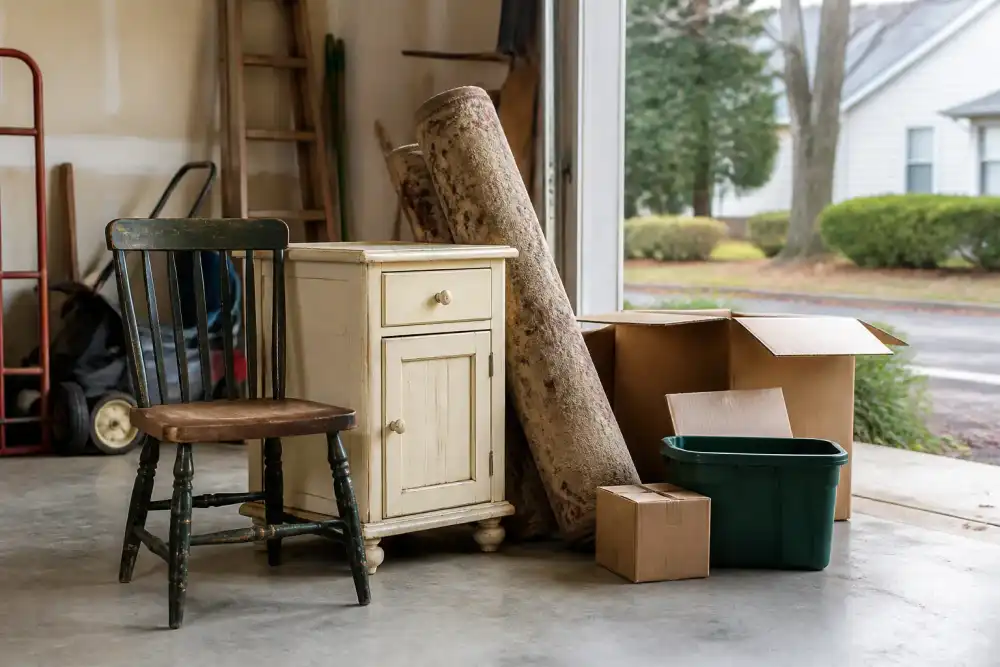 Illustrative scene: mixed unwanted household items staged in a garage: old chair, small cabinet, rolled rug and cardboard boxes, welcoming natural daylight