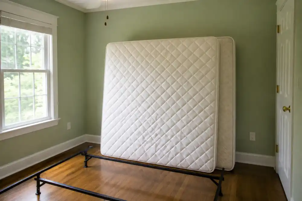 Illustrative scene: an old clean queen mattress and box spring propped upright in a bright spare bedroom, stripped bed frame in foreground, pale green walls