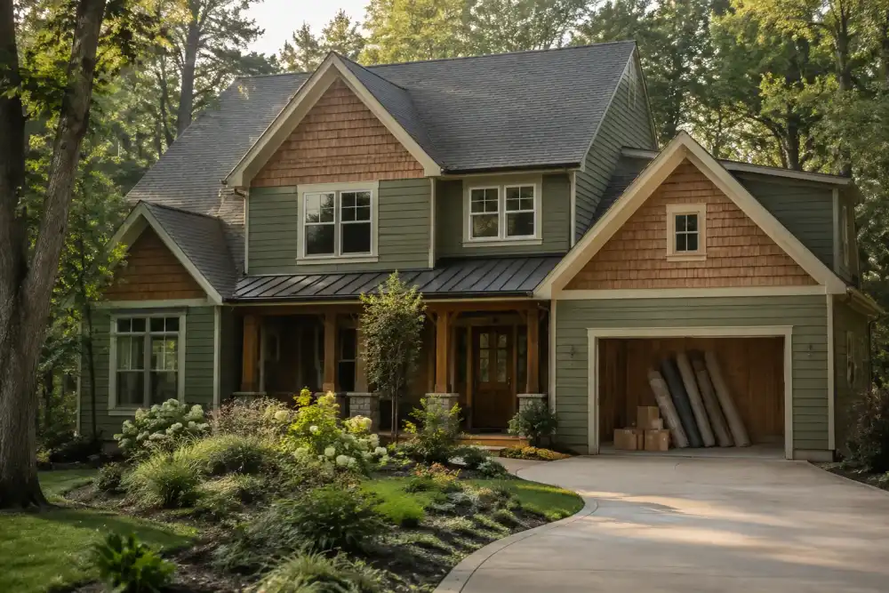 Illustrative scene: midlothian-inspired wooded suburban home, cedar-shingle accents, landscaped front garden and curved driveway, small pile of rolled rugs and boxes at garage