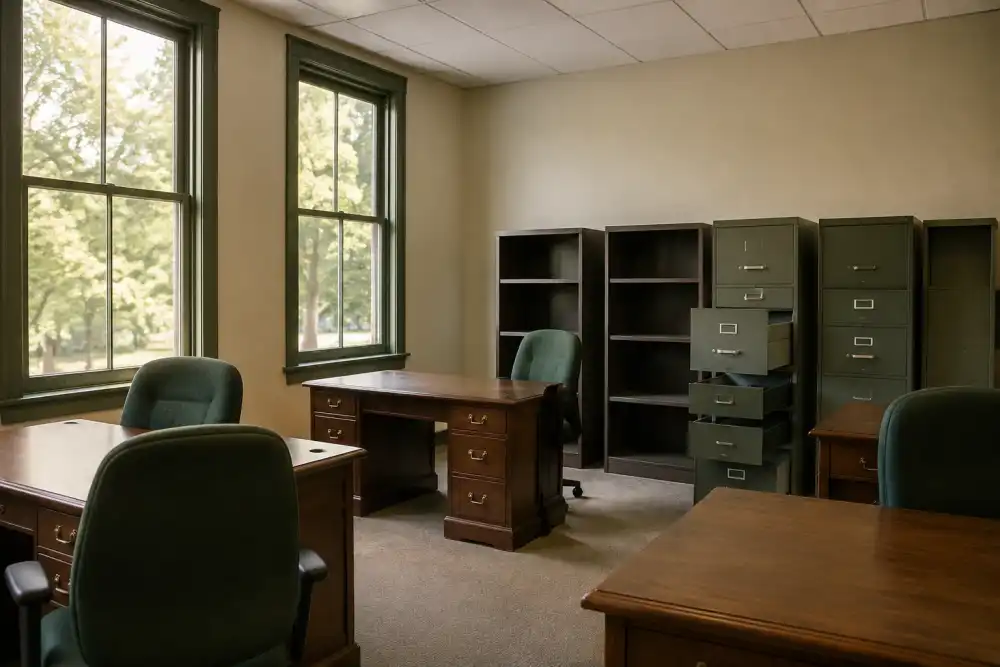 Illustrative scene: small vacant office with surplus desks, office chairs and empty filing cabinets, warm daylight through tall windows, no computers with screens on