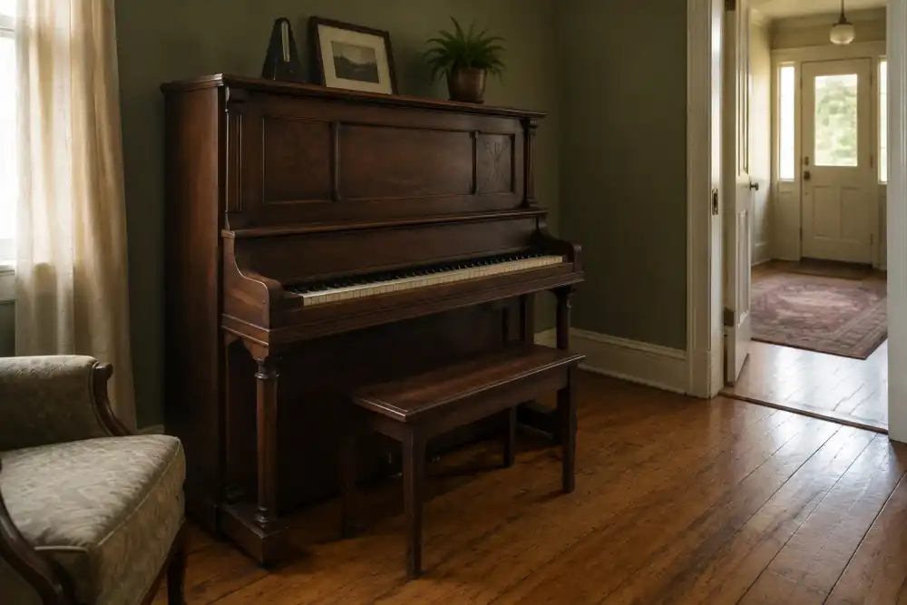 Illustrative scene: an upright dark wood piano and bench in an older home's front room, doorway and clear path visible, soft side light, eye-level three-quarter composition