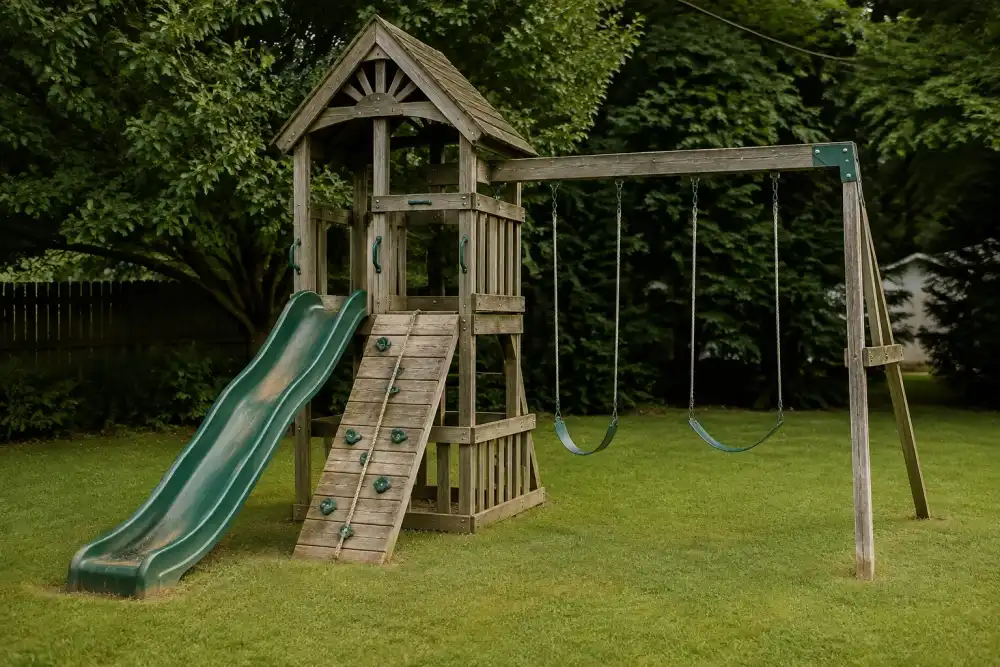 Illustrative scene: an aging wooden backyard playset with a green slide and two swings on a grassy lawn, timber weathering and mature trees, no children