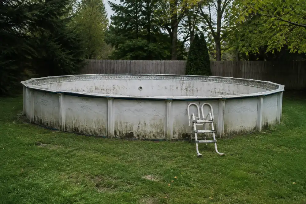 Illustrative scene: empty old above-ground backyard swimming pool with metal walls and disconnected ladder, lawn, fence and trees, no water, no people