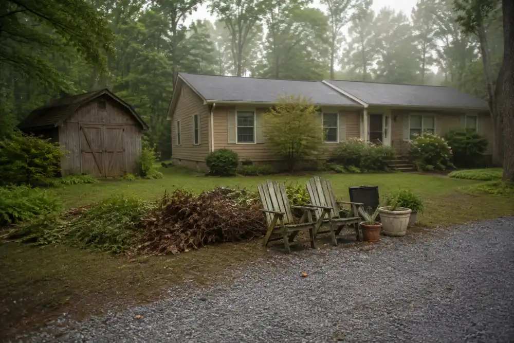 Illustrative scene: powhatan-inspired wooded rural property with a tan ranch home, gravel turnout and detached wooden shed, old patio chairs and garden debris awaiting pickup