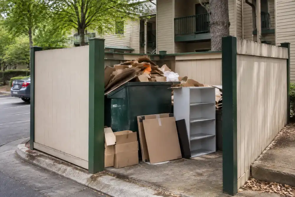 Illustrative scene: apartment building shared refuse enclosure containing overflow cardboard and discarded shelving, orderly outdoor property-maintenance scene, no branding