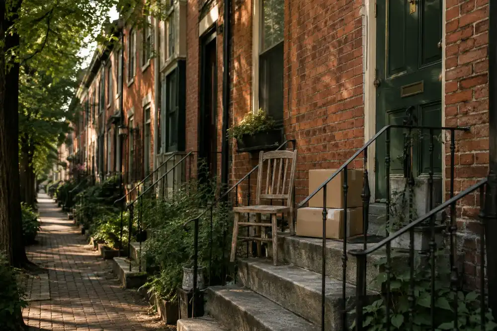 Illustrative scene: richmond-inspired historic brick rowhouse streetscape with narrow front steps, iron railings, leafy sidewalk and a worn chair and two boxes on one porch
