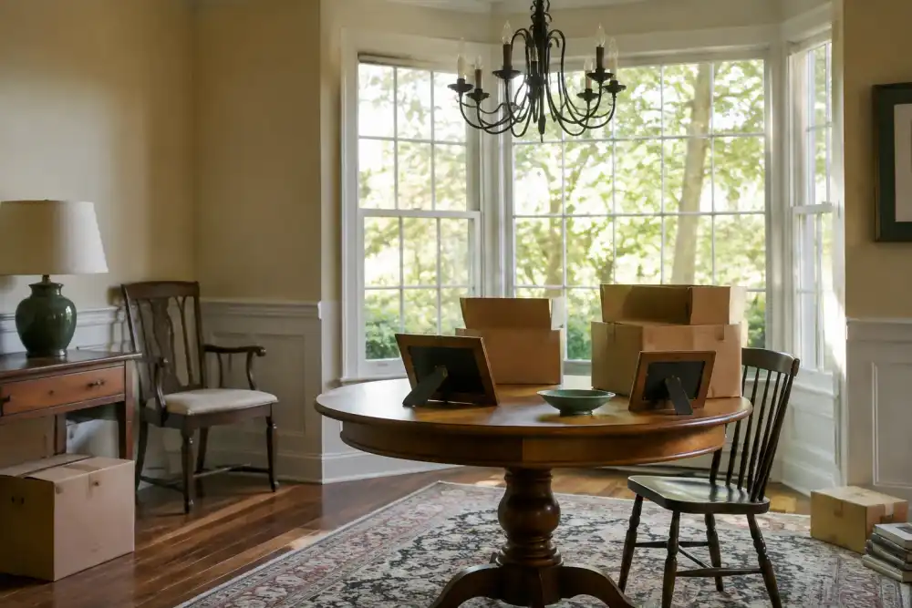 Illustrative scene: comfortable home's sunny dining room with a few carefully packed boxes, photo frames facing away, surplus chair and side table, calm considerate atmosphere
