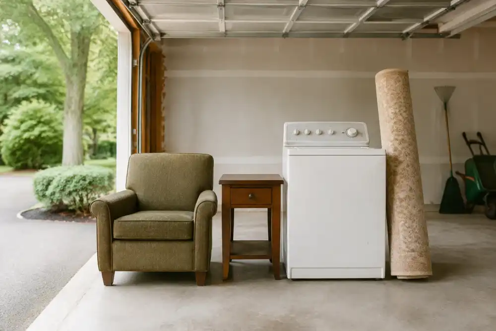 Illustrative scene: household furniture and appliances ready for removal in an open garage