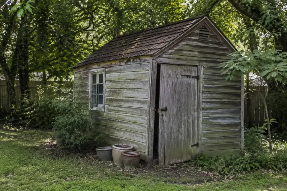 Illustrative scene: small aging wooden garden shed with worn shingles and sagging door, a few empty pots nearby, leafy backyard, afternoon natural light