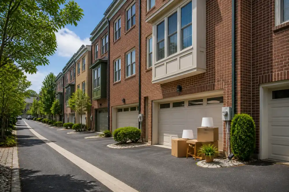 Illustrative scene: short Pump-inspired newer three-story townhomes with brick facades, rear garage access and a narrow landscaped lane, boxed household items by one garage