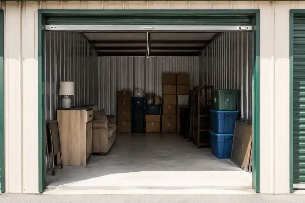 Illustrative scene: open self-storage unit viewed from the roll-up entrance, spare furniture, storage tubs and stacked boxes against corrugated walls, bright front light